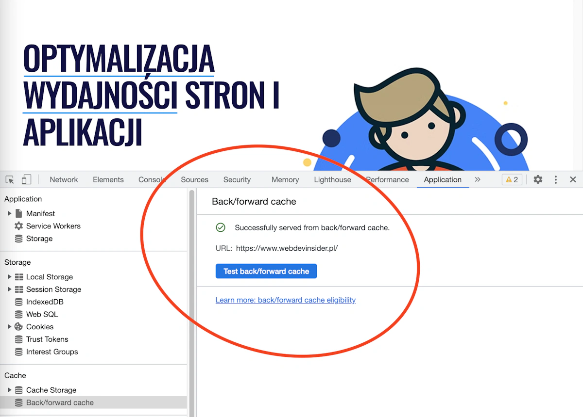 Przykład, w jaki sposób można testować bfcache na stronie