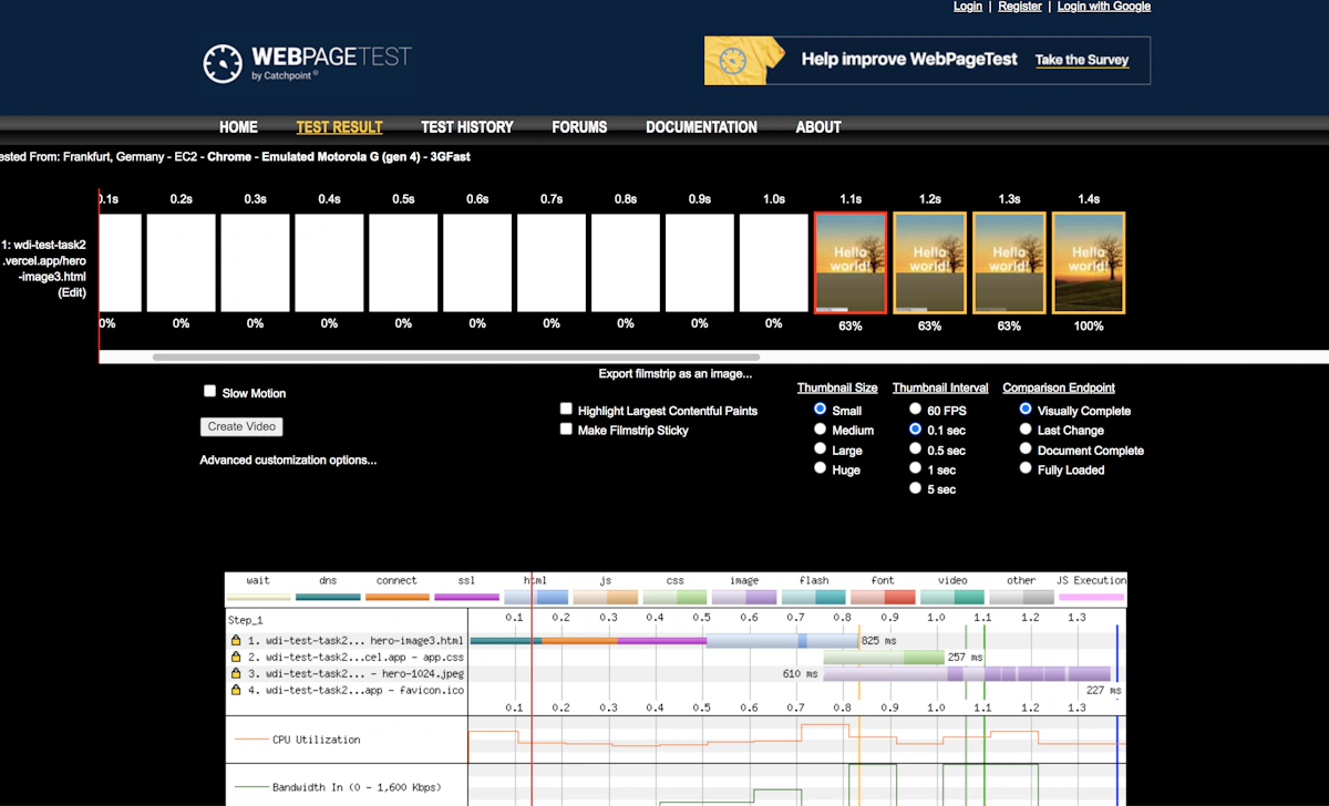 WebPageTest ukazujący ładowanie obrazka jako <img> ale serwowanego lokalnie + z zastosowaniem techniki LQIP