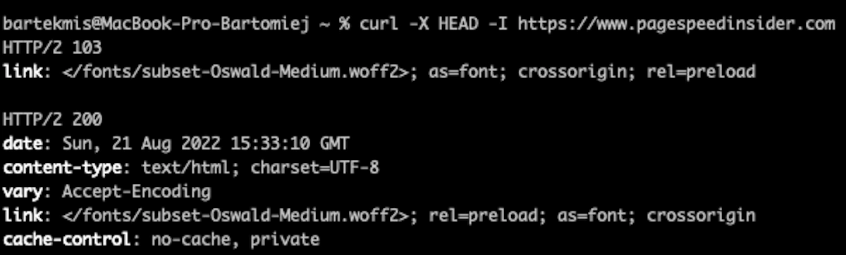 Rezultat testu Early Hints poprzez cURL