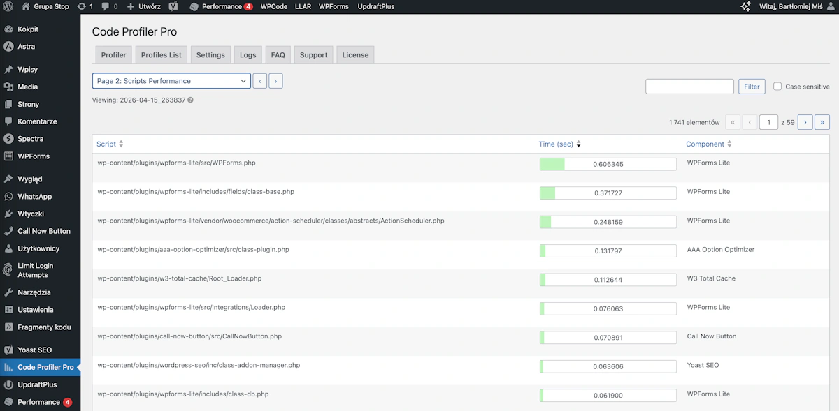Rezultat wydajności podczas testu Code Profiler Pro - performance