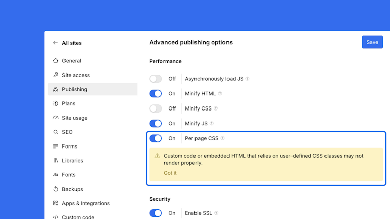 Funkcja Per Page CSS w Webflow